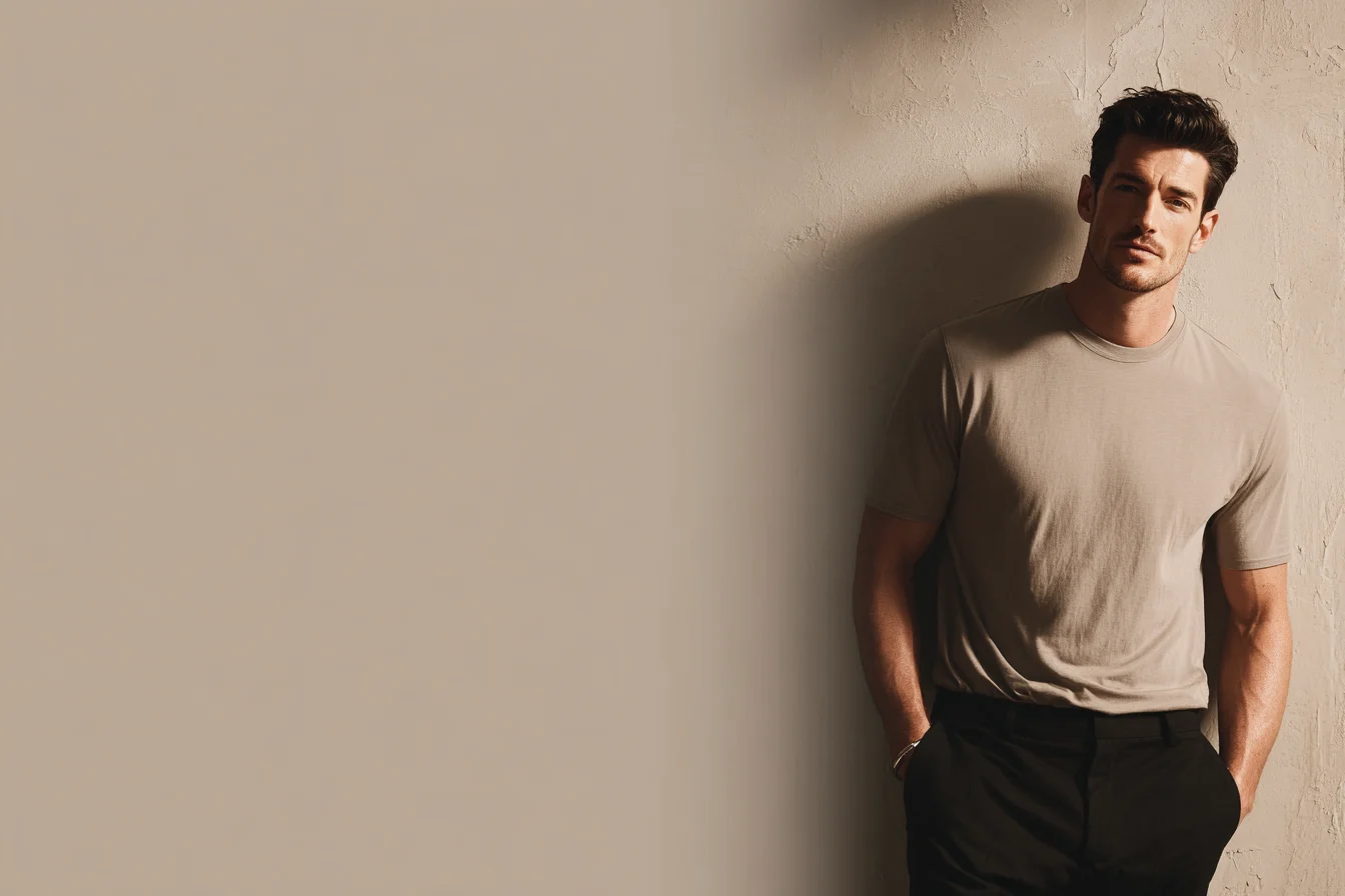 Model in a stone-coloured Ghost Wolf tee against a plaster wall