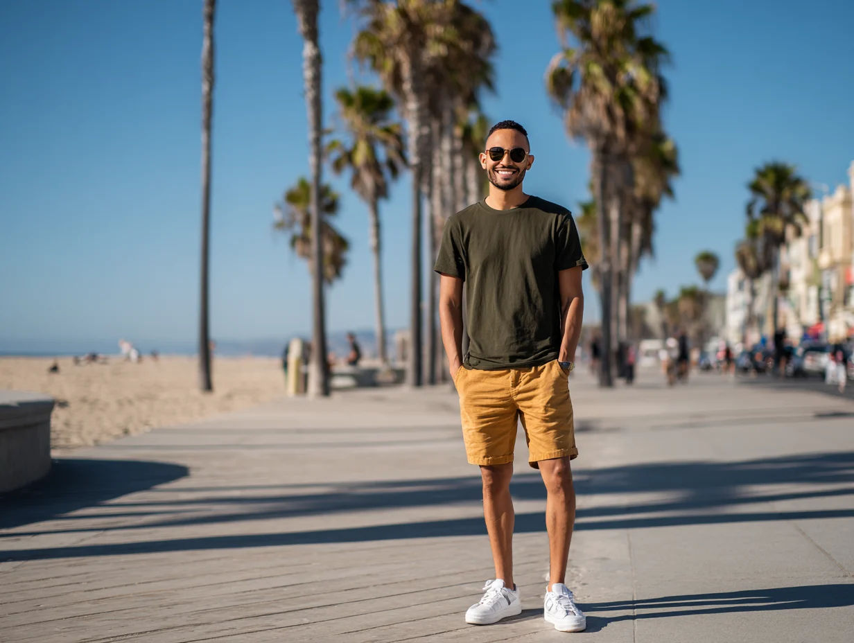 Man in a Ghost Wolf tee on a palm-lined boardwalk