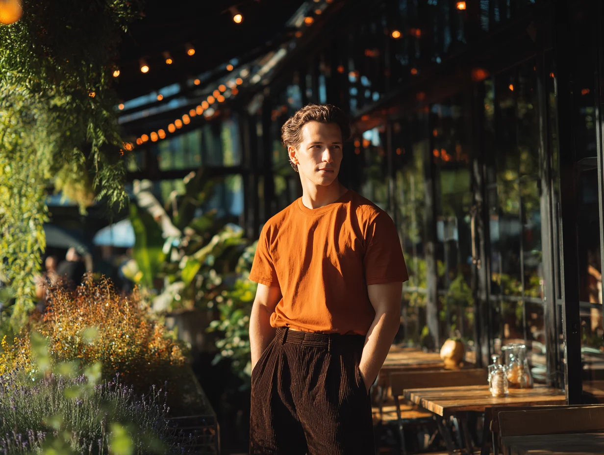 Man in a rust Ghost Wolf tee and wide trousers