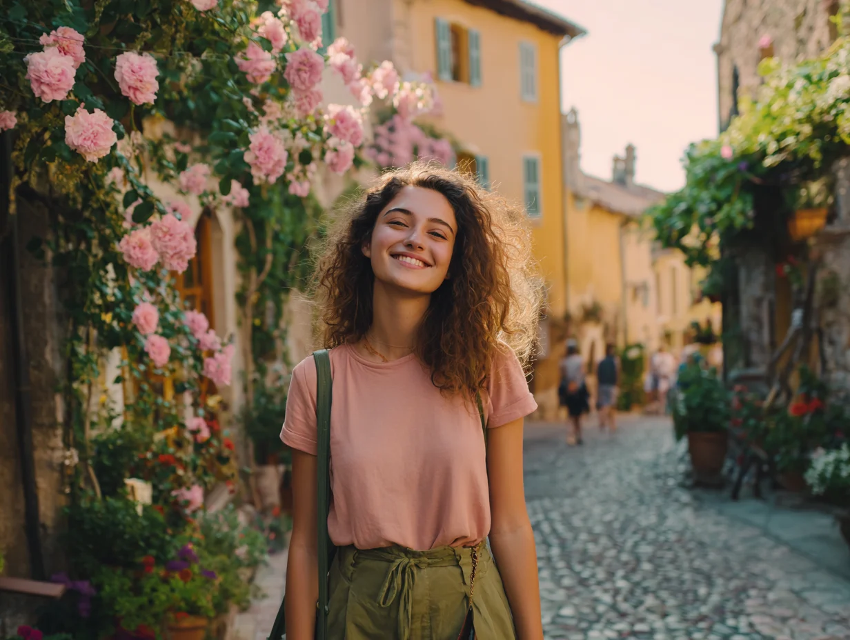 Woman in a blush Ghost Wolf tee on a cobbled street