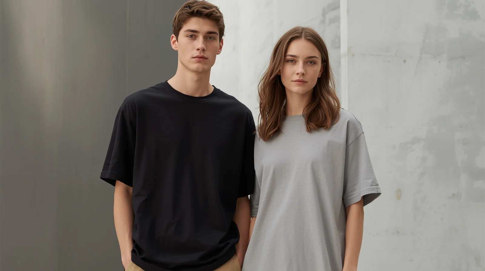 Two models in crew-neck Ghost Wolf tees