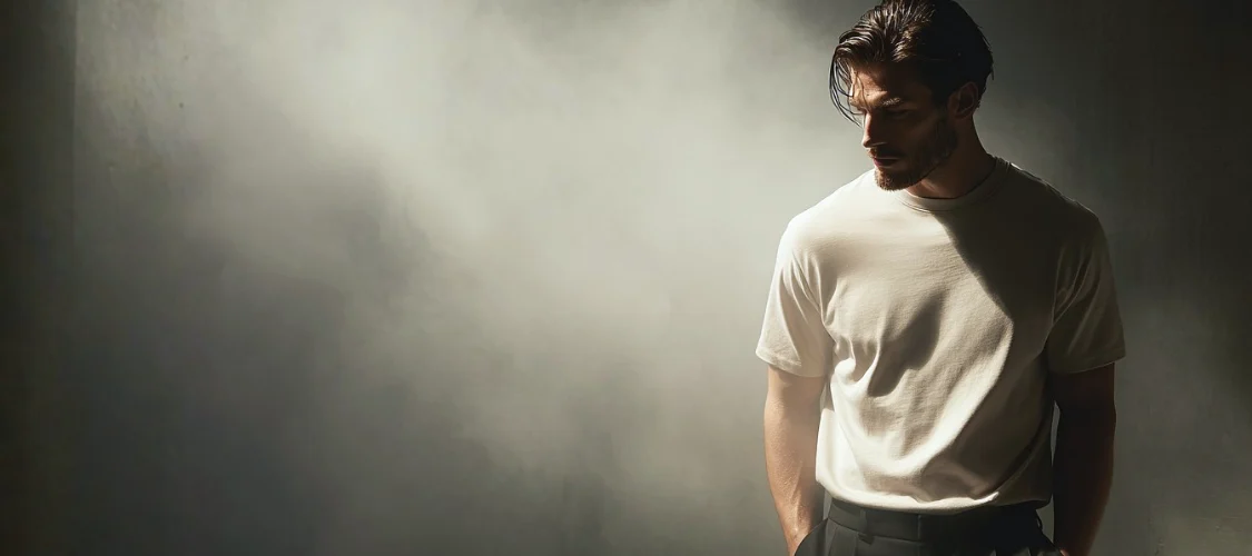 Model in a cream Ghost Wolf tee, low light
